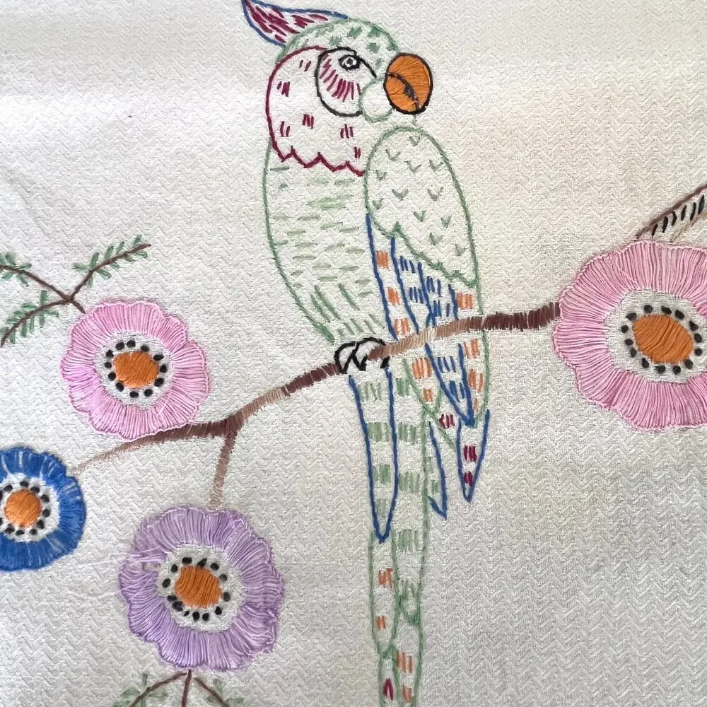 Vintage Embroidered Table Runner Vanity / Dresser Scarf Parrot Floral Lace Trim
